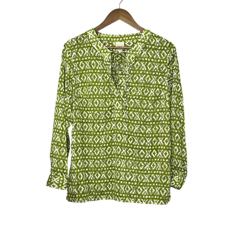 Chicos Womens Top Long Sleeve Tunic Green Geometric Sheer Tie Neck Boho Size 0